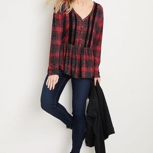 Maurices Red and Black Plaid Peplum Blouse